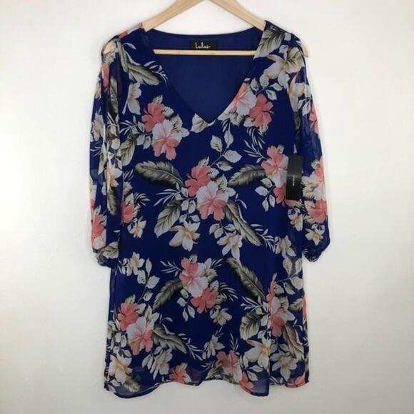 Lulu's Shifting Dears Blue Floral Open Sleeve Dress - Picture 1 of 8